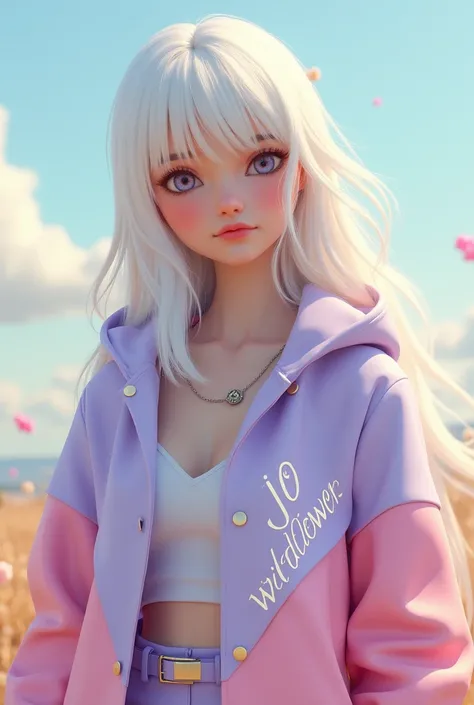 3D A girl with long white hair and wearing a half light lavander half pastel pink jacket that says “JO WILDFLOWER”