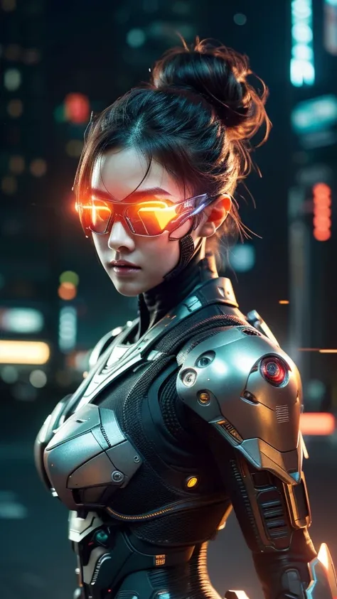 1girl, messy bun, future glasses, cyborg, masker, futuristic armor, neon city, blurred background, intricate details, cinematic lighting, vibrant colors, hyperrealistic, octane render, photorealistic, 8k, best quality, masterpiece, ultra-detailed, sharp fo...