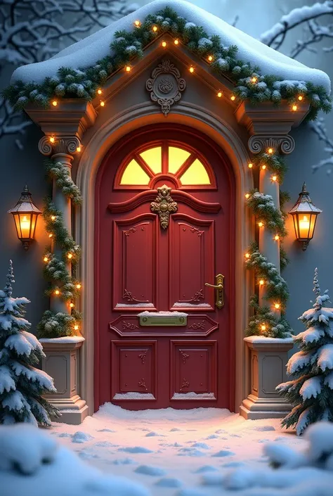 A nice door ,  has snow in the ornate place with lights