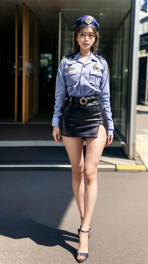 beautiful Japanese woman, 22 years old, perfect anatomy, healthy thighs, beautiful legs, beautiful skin, random hair color, random hairstyle, large breasts, female police officer, (Japanese police uniform:1.3), (miniskirt:1.3), (she is standing:1.2), full ...