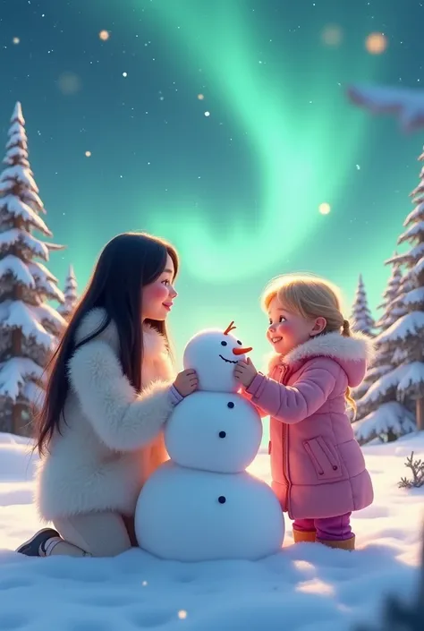  Create images of a young woman and a two-year-old girl a 20-year-old young woman ,  long straight black hair ,  of clothing wearing long white furry plush ,   the girl with golden yellow yellow blonde hair with long furry pink trench coat,
in the snow, cr...