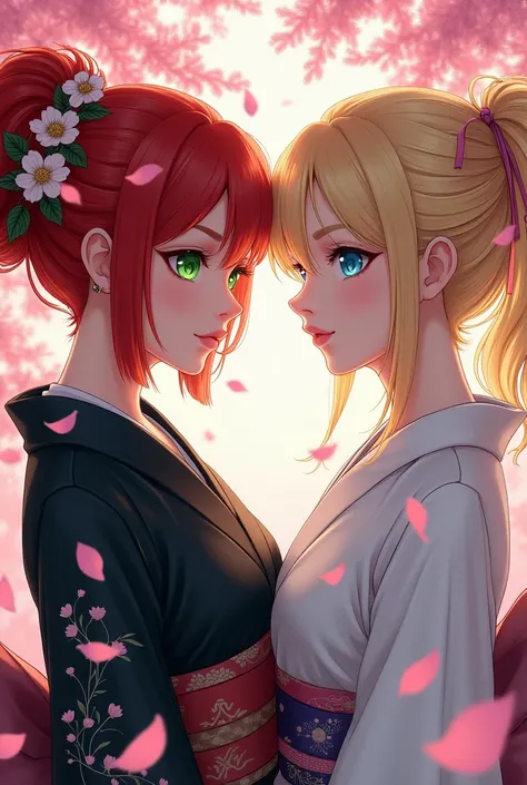  Create an image of a book cover called  "Souls of Kaguya " with a red-haired woman with green eyes wearing a black kimono and a blonde with blue eyes wearing a white kimono ( from an air of cherry trees ) 