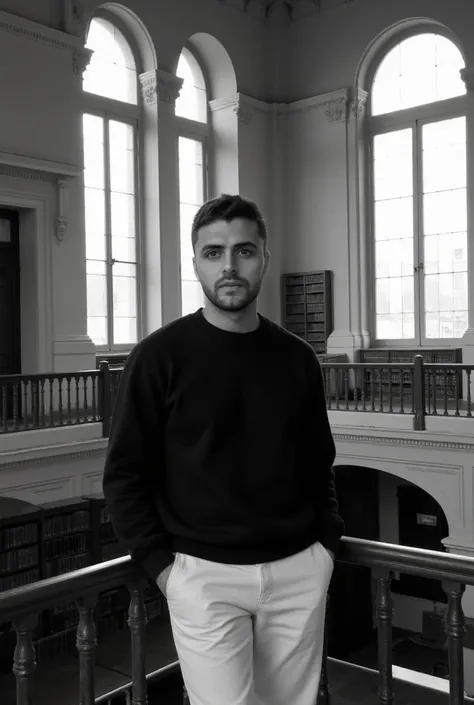 "A black-and-white photograph captures a young man standing on a mezzanine level of a grand, historic library. He wears a dark, oversized sweatshirt paired with tailored light trousers, combining a casual yet polished style. His posture is relaxed, with on...