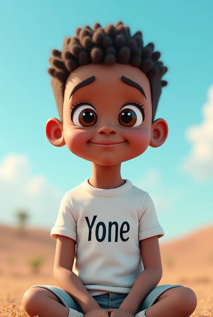 Create 3d realistic Have one boy saying [Yone] wearing a white T-shirt write the names [Yone]  on the clothes; with love background l sky blue] and write Yone on the plate and  young Ethiopian face and sitting in front of girls