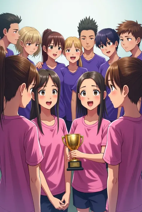 manage four  four girls in pink facing eight  eight boys in purple with trophy number two in hand