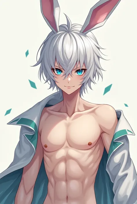 Male anime character, short white hair, blue eyes, white skin, rabbit ears, handsome appearance, boastful character, bald body, naked body, not wearing a shirt, seen head-to-toe.