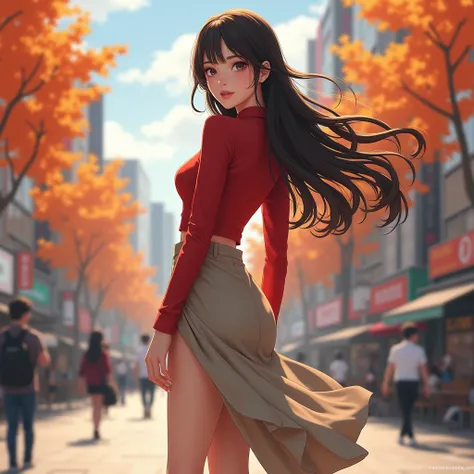 Young girl，Hanging Hair，Dark brown hair，Shibuya，Full body Ezbian，Long legs，Beautiful body structure cover，Ultra-detailed drawings， Amazingly realistic photos，Red clothes，Lightweight taupe clothing，(Casual Hairstyles,:1.2), Incredibly graceful pose, A godde...