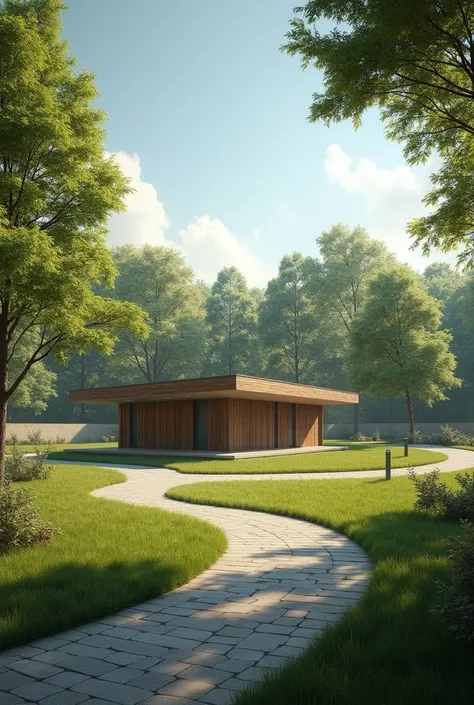 I would like to create an image where you can see, in the middle of a park full of trees and a little slope, a sector where dogs are trained, but in a realistic way that looks like a rendering of architecture