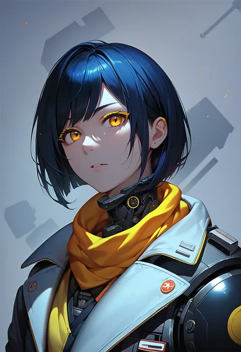 One woman, mature, anime, female anime character, amber eyes, yellow eyeliner, expressionless, black short hair swept over left eye, sharp face,artificial skin, flat chest, black slim mechanical body frame, a loose jacket, a black fastened scarf, joints, m...