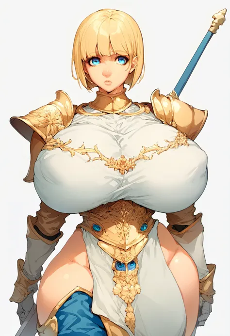 score_9, score_8_up, score_8, anime style, source_anime, anime_source, huge wide hips, huge breasts, thin waist, narrow waist, sexy woman, nipple, pose model, bob cut, beautiful woman, blonde hair, blue eyes, knight 