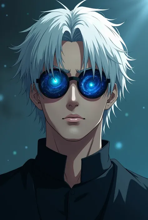 Satoru Gojo, Jujutsu Kaisen, Handsome man with white medium length hair, wearing sunglasses and blue galaxy in his eyes, Sunglasses on the bridge of his nose, revealing his deep blue eyes, looking at viewers, hyper-realistic atmospheres, details, 8k shocke...