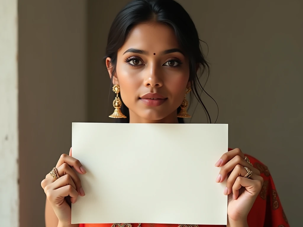 a Indian woman show in front one hand holding blank white paper and a hand holding product 