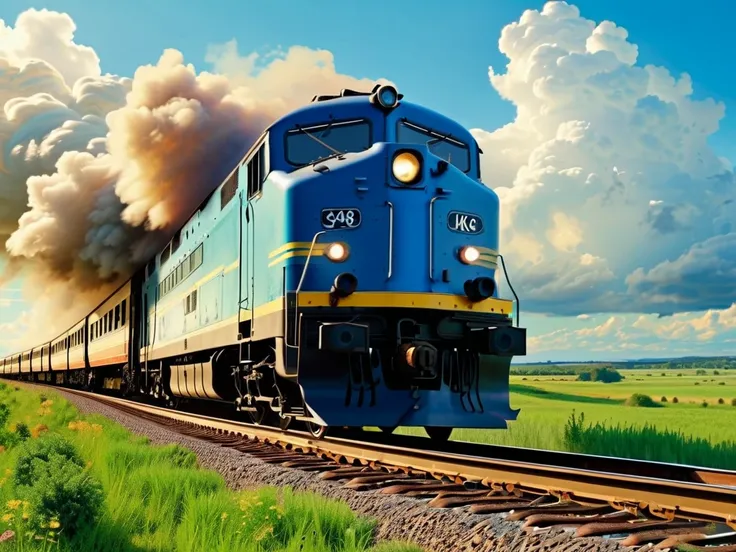 ((masterpiece, best quality, high quality, highres, ultra-detailed)),  ,a moving train against the background of the a moving train, blue sky, sunny day, epic clouds, (oil painting:0.1),  (best quality, 8K, high resolution, extreme detail, outstanding comp...