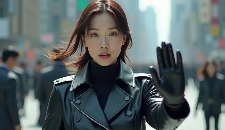 Japanese female analyst broadcasts from outside in black leather gloves and trench coat