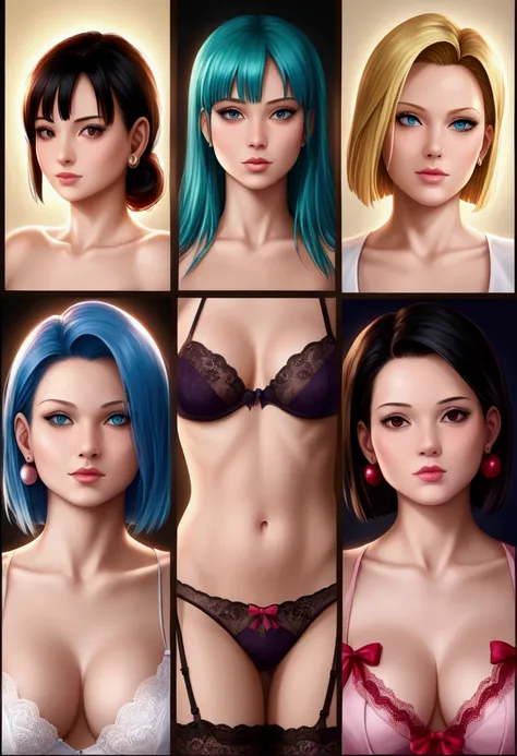 a highly detailed illustration of 4girls, android c 18, bulma, videl, chichi by group sex in lace transparent underwear with pattern and ribbons, lace sexy stockings with beautiful pattern, orgasm, 8k, ultra-detailed, realistic, photorealistic, masterpiece...