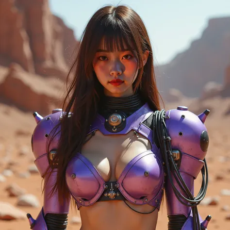 beautiful japanese woman, beautiful face, long brown hair, bangs hair, violet sexy bikini robot armor, there is a large lantern shining light on the armor. standing on mars, there are lots of wires and messes. the most detailed armor pieces. the most detai...