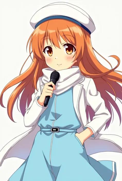 Anime Asuna Yuuki with orange hair and orange eyes she wears a light blue dress with belt she wears a thin scarf she holds a microphone in her hand and sings she has a white jacket thin she has blue highlights in her hair and wears a white hat 