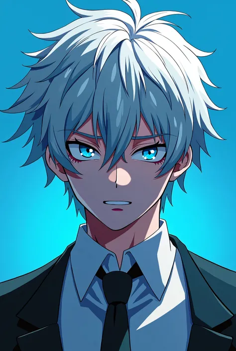 a male anime character, messy short white hair, sharp cyan eyes, arrogant facial expression, white shirt, black tie, high-quality, 8k, extreme detailed, vibrant colors, dramatic lighting, cinematic composition, digital art, portrait, character design, Blue...