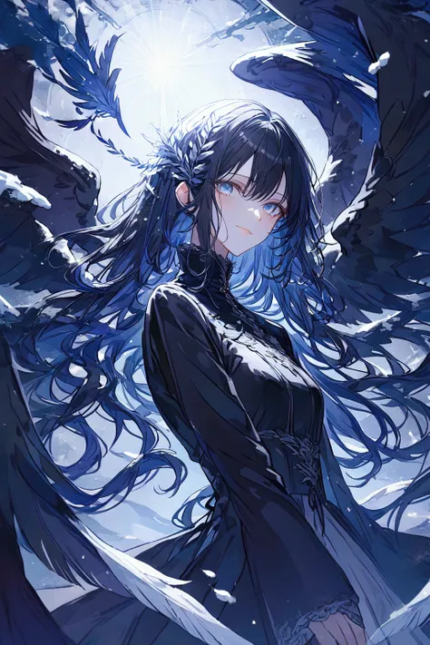 illustration, highest quality, fixiv illustration, very detailed, animation, (((alone)) ((woman))), solo, handsome, detailed eyes and detailed face, mysterious, black hair, blue eyes, black tides, black clothes, snowy lake background, background, long hair...