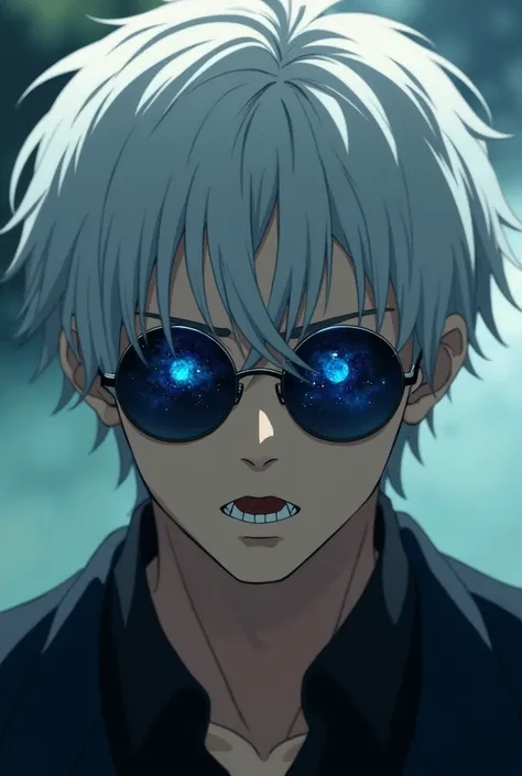 Satoru Gojo, Jujutsu Kaisen, Handsome man with white medium length hair, wearing sunglasses and blue galaxy in his eyes,  revealing his deep blue eyes, looking at viewers, hyper-realistic atmospheres, details, 8k and he is scared reaction 