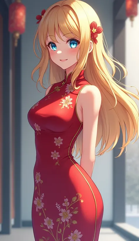 Full body picture of anime girl with blonde hair and blue eyes in strapless qipao (different color qipao each picture) with her hands behind her back 