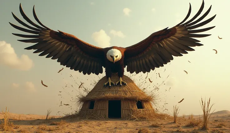 An eagle destroying his house built by dry geasses