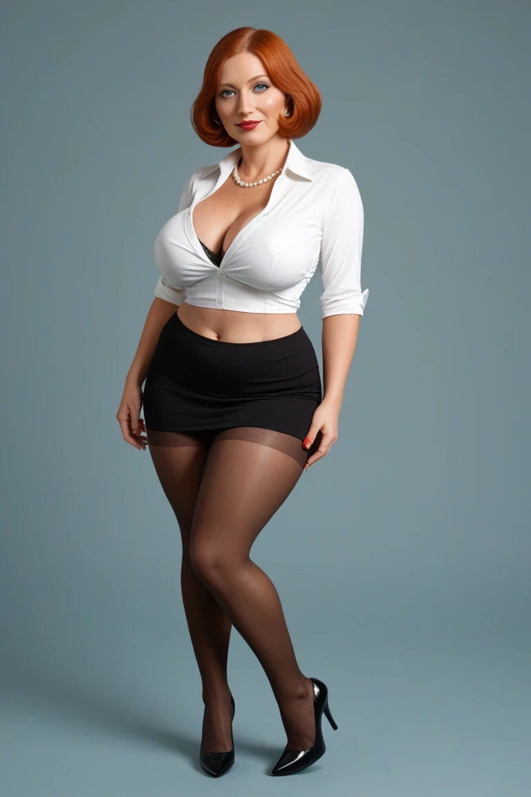 Full body shot of a beautiful redhead female with medium length hair and a curvy thick voluptuous body and large full natural ddd breasts, Lois Griffin from Family Guy, skimpy secretary outfit, pantyhose, high heel shoes, 