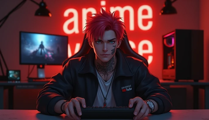 A realiestic anime charecter, red hair color, his face with tattoo He as a youtuber, he with a cool youtube set up, cool computer, cool background,  violet neon light effect, font image, cool gaming set up, cool set up, "Anime Varse" written in back wall, ...