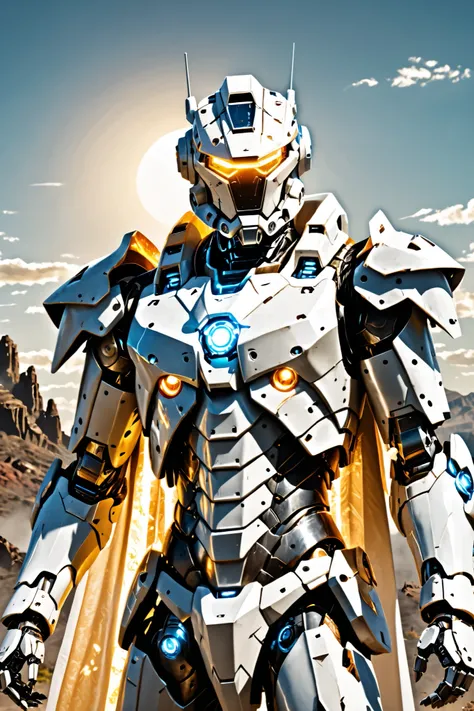 masterpiece, best quality,
cinematic film still, realistic, portrait, solo, white mecha robot, cape, science fiction, torn clothes, glowing, standing, robot joints, mecha, armor, cowboy shot, (floating cape), intense sunlight, silver dragonborn, outdoors, ...