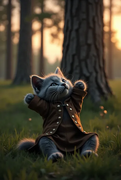 (ratio 9:16), Hyper Realistic, cinematography, super detail, wide shot, professional photographer, twilight lighting, Gray kitten (humanoid) wearing Arthur Morgan costume from Red Dead Redemption, sitting leaning under a large and tall tree with both hands...