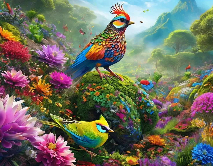 Colorful birds stand on mossy boulders in a fantastic field of flowers, A colorful and intricate masterpiece, Innovative composition, Colorful and detailed art,  Gautama Buddha  wearing colorful and detailed , 4k  highly detailed digital art ,  beautiful d...