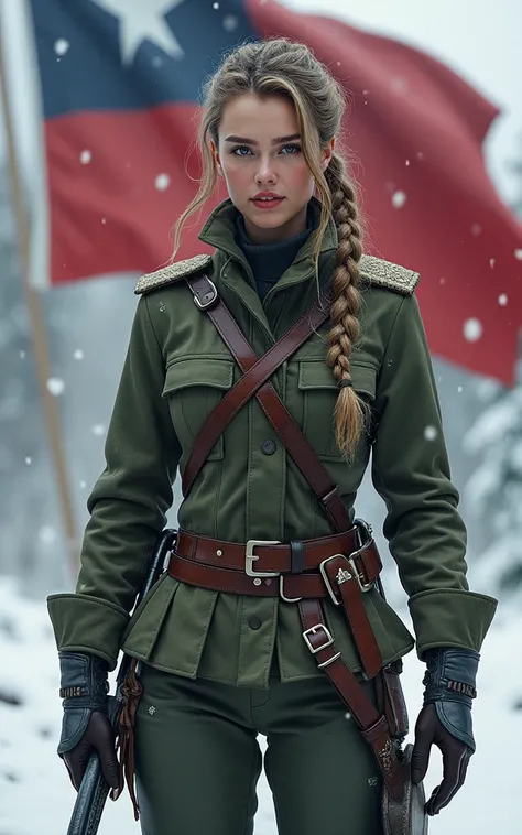 Swedia beautiful military girl,   Big breasts, Practical action , Captain Swedia , Massive Swedia Flag , Snow , Winter , Smile , Braid ,