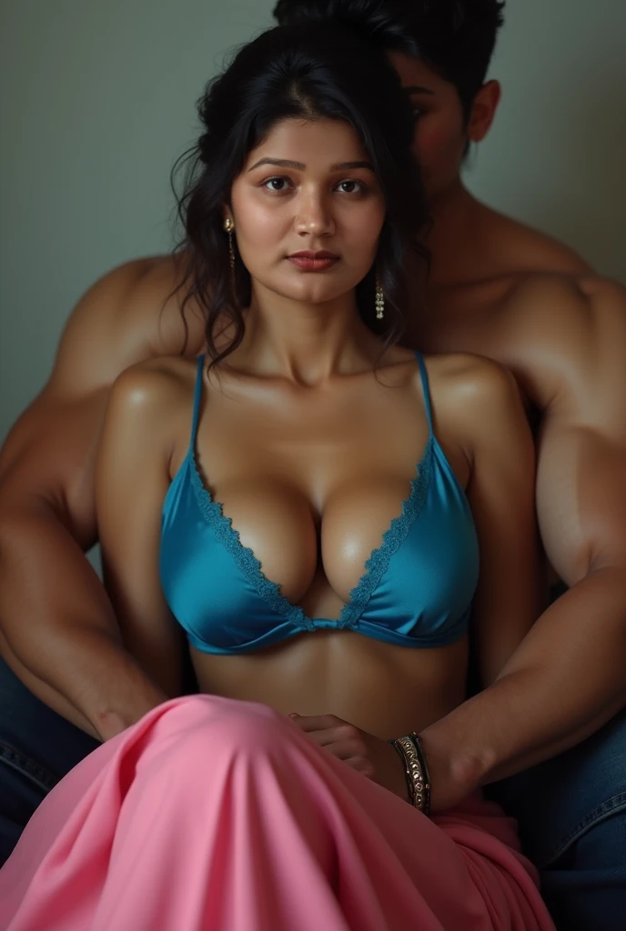 a beautiful indian woman with large breasts, wearing a blue blouse and pink saree, showing cleavage, with a low bun hairstyle, sitting between the legs of a muscular black man with a hidden face, intricate detailed portrait, photorealistic, highly detailed...