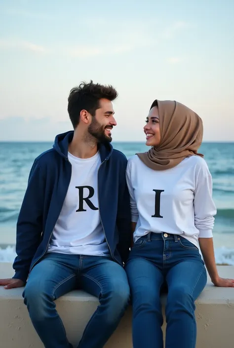 the lovers are sitting , the guy is wearing a blue hoodie and the girl is wearing a hijab , the lovers wear long white T-shirts with the letter R and the other the letter I, both wearing navy blue jeans , against a beautiful beach ,smiling at each other 