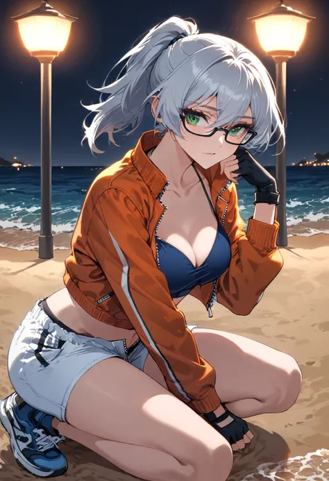 nighttime, streetlight illumination, dimly lit,background is beach area,sand and sea,1girl, ( silver hair),green eyes, fingerless gloves,hair between eyes, short hair, ponytail,medium breast,(plain dark blue crop top bikini,white shorts,sneakers,orange jac...