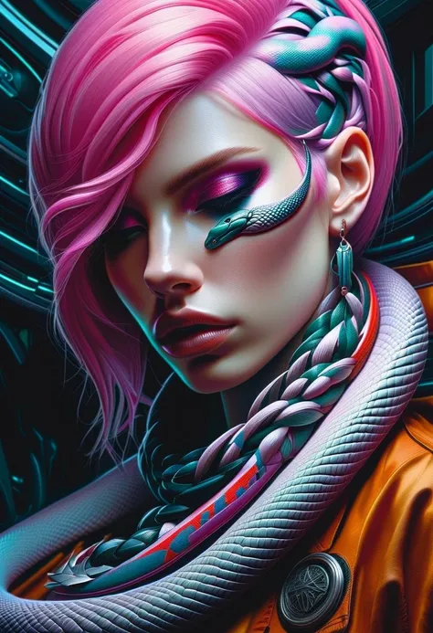 Cyberpunk l close up pink haired female with a white anaconda around her neck, portrait, clear sharp focus, featuring a dark and eerie atmosphere hyper realistic, 8K professional photography art, photorealistic masterpiece: by aaron horkey and jeremy mann:...