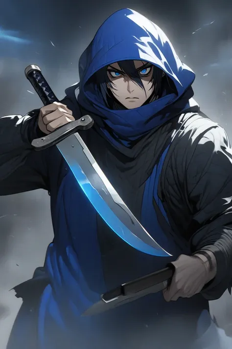 Wicked looking blue-eyed, black-haired robber wearing a hood, holding a short knife