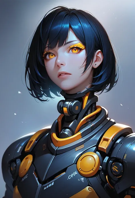 One woman, mature, anime, female anime character, amber eyes, yellow eyeliner, expressionless, black short hair swept over left eye, sharp face,artificial skin, black slim mechanical body frame,  flat chest, a loose jacket, a black fastened scarf, joints, ...