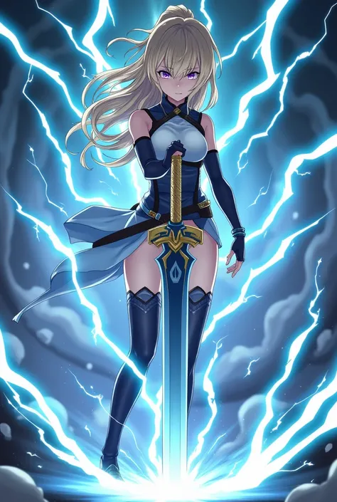 The character Fran from the anime I Got Reincarnated as a Sword stands in a fighting pose covered in lightning in anime style