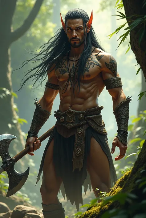 Native elf ,  axe warrior with black and gray hair