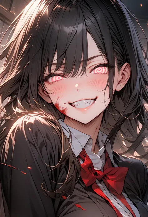 Masterpiece,best quality, (highly detailed CG illustration),very aesthetic,recent,detailed eyes,1 woman,matured female,(looking at viewer),glowing red eyes,black hair,straight long hair,(large breast:1.05),(black highschool uniform),half-closed eye,BREAK,b...