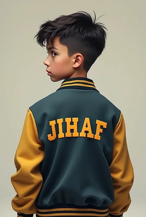 A boy with varsity jacket back written Jihaf