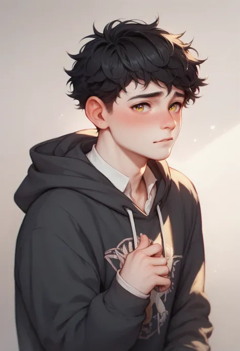 Cute boy,white skin,eyes yellow, blushing,black hair short curly,face shy,hoodie,