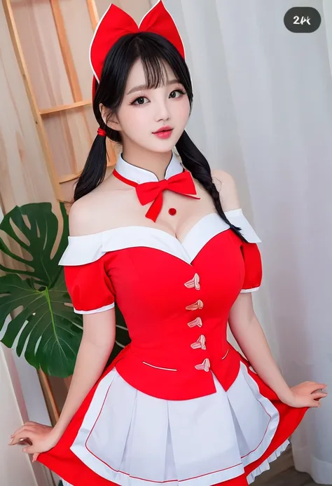 (best resolution), (high quality:1.5), work of art, (8k), extremely detailed, (High details:1.4), solo, ((Park So-dam)), ((Korean Ulzzang female with 24 years old)), ((red maid uniform)), (perfect model face:1.4), (perfect hourglass hot body), ((round firm...