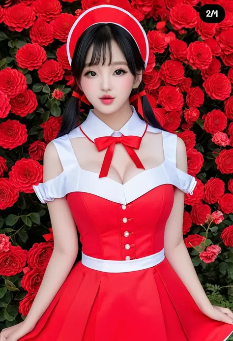 (best resolution), (high quality:1.5), work of art, (8k), extremely detailed, (High details:1.4), solo, ((Park So-dam)), ((Korean Ulzzang female with 24 years old)), ((red maid uniform)), (perfect model face:1.4), (perfect hourglass hot body), ((round firm...