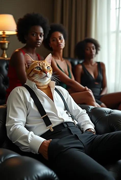 Middle ground, foreground, Photo for fashion magazine showing style, brutality, perfect appearance, Brutal anthropomorphic cat dressed in a white classic shirt with unbuttoned collar and strict suit pants with suspenders, sits in a relaxed funky pose on a ...