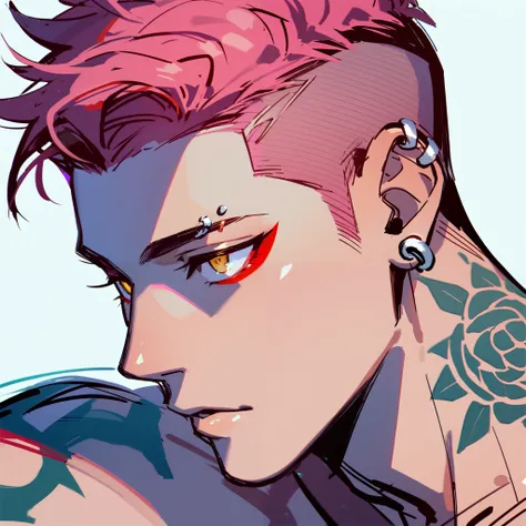 male, strong, tattooed, piercings, short salmon pink hair, shaved sides, yellow eyes, red eyeliner, sketch 