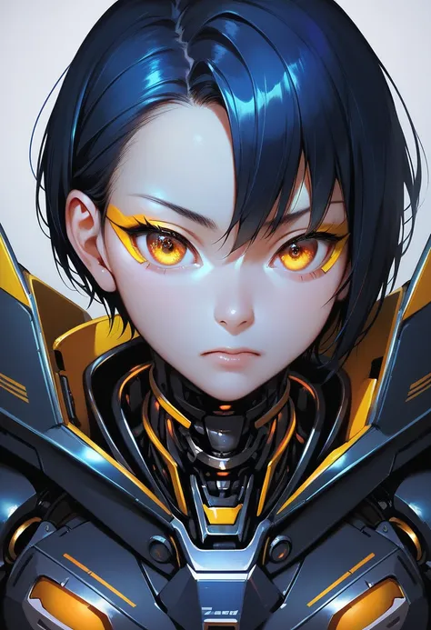 One woman, mature, anime, female anime character, amber eyes, yellow eyeliner, expressionless, black short hair swept over left eye, sharp face,artificial skin, black slim mechanical body frame,  flat chest, joints, mechanical jaw, mechanical neck, robotic...