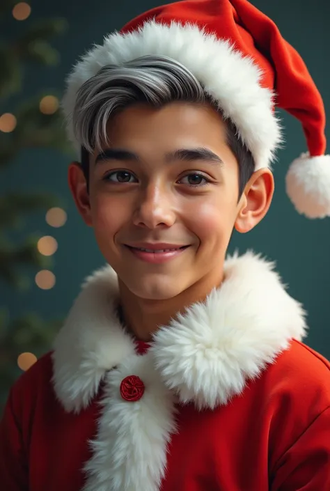 masterpiece, low quality, 1man, Dr Rodrigo Gimenez , solo, closeup, short hair, grey hair, Christmas Jumpsuit, long sleeves, Christmas hat,young male focus, 