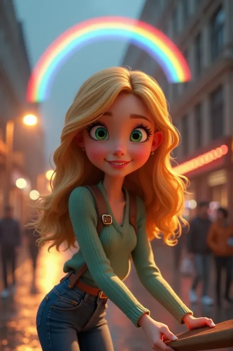 A beautiful girl, golden hair, green eyes, The grown-up , now happy and confident, helping another  in need on the same rainy street. The scene shows a bright rainbow breaking through the clouds, symbolizing hope and new beginnings. Style: whimsical 3D Pix...